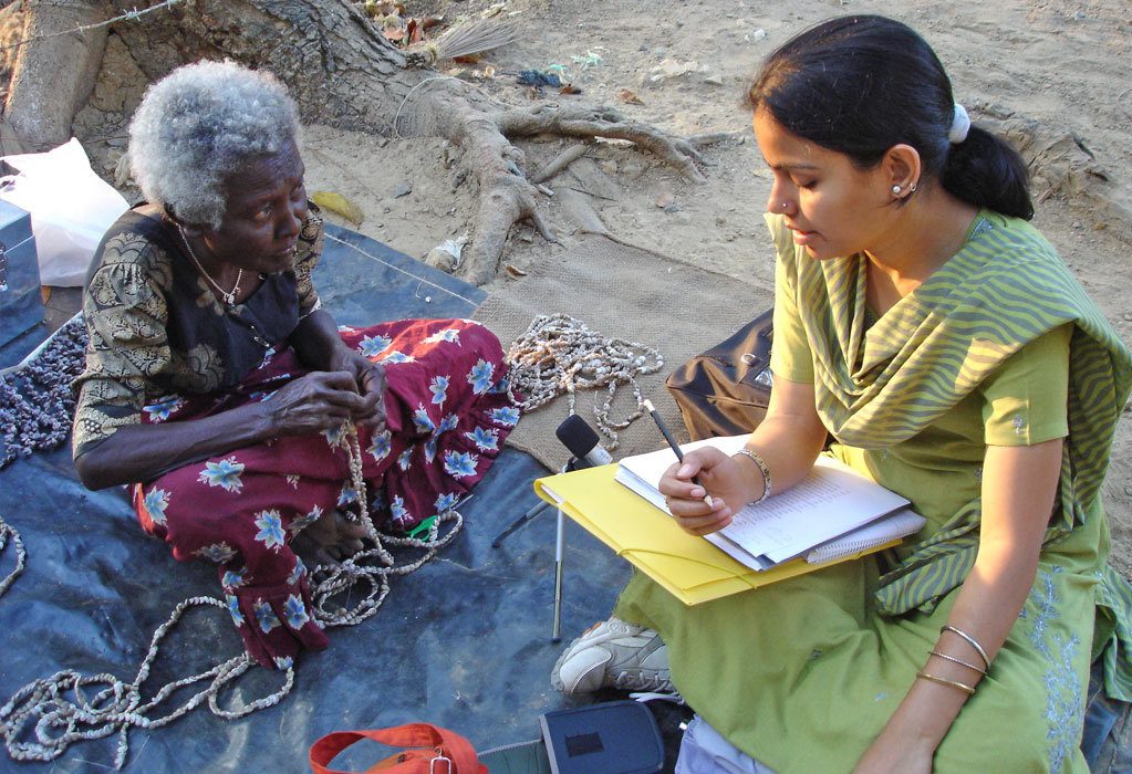 Boa Senior, the last speaker of Jeru, being interviewed for the ELDP funded documentation project of Anvita Abbi on the languages of the Andamanese. Courtesy of Anvita Abbi.